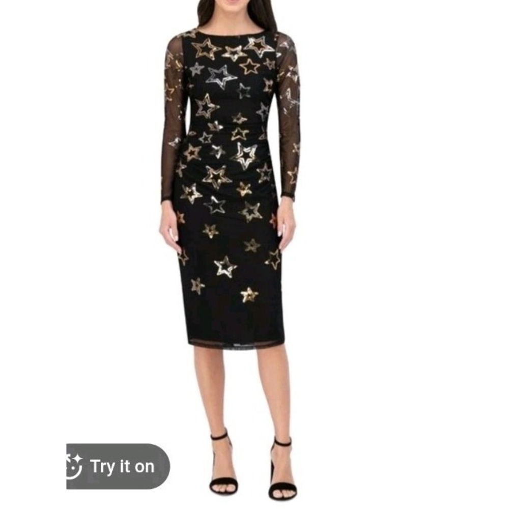Vince Camuto Sequined Stars Mesh Bodycon Dress Women's 6 Black/Gold Back Zip